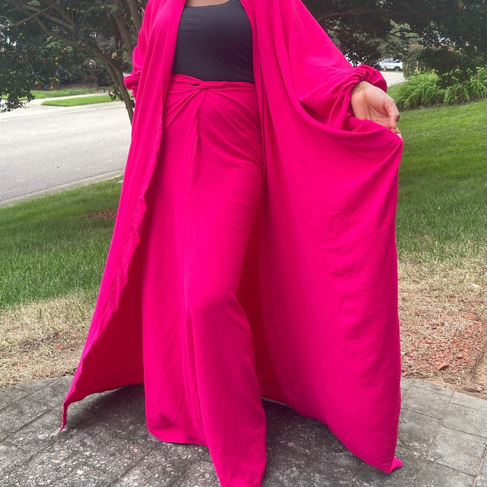 Handmade Vibrant Pink Oversized Crépe Maxi Cardigan and Pants Set